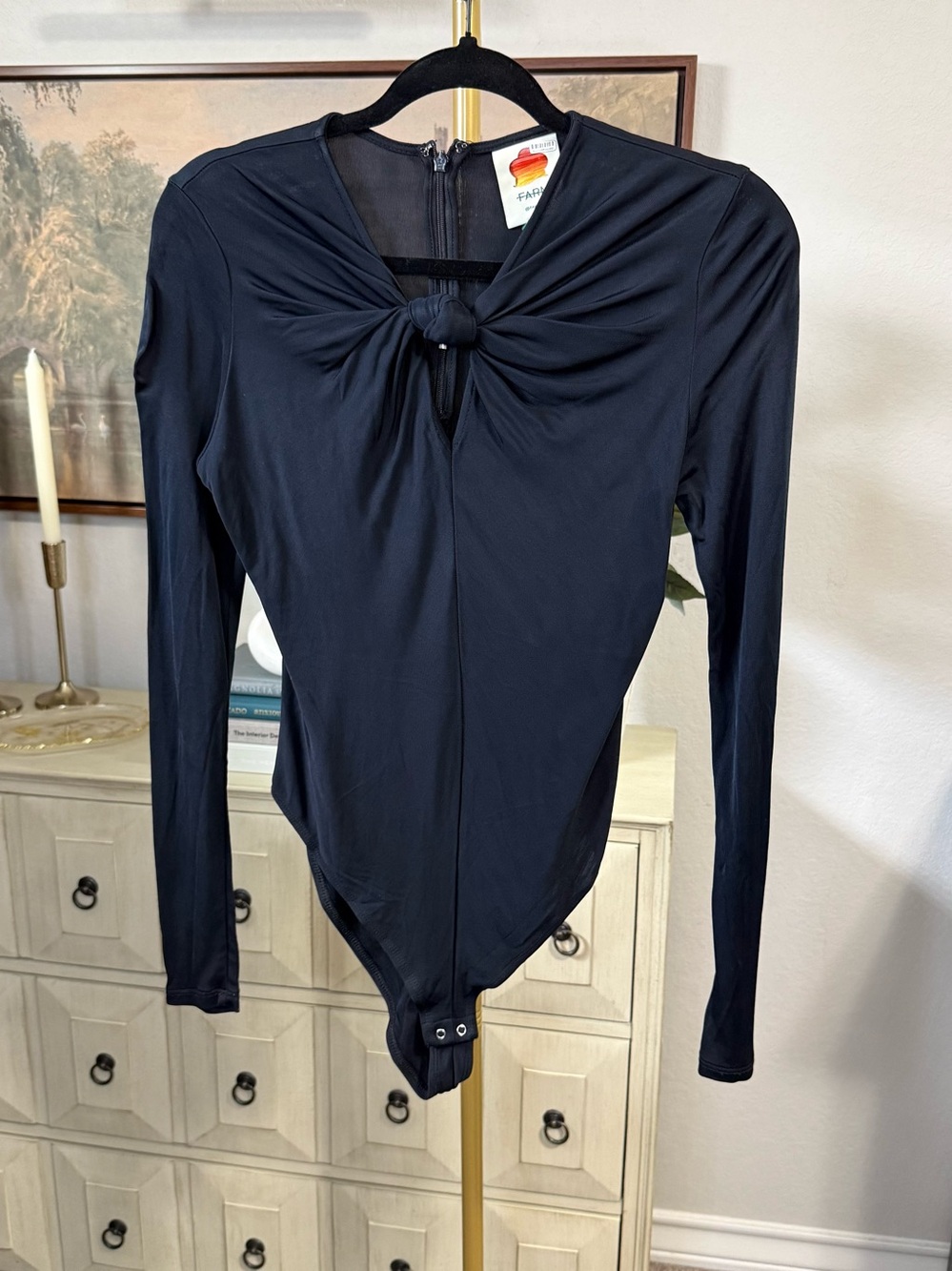 FARM Rio Black Long-Sleeve Knot-Front Bodysuit